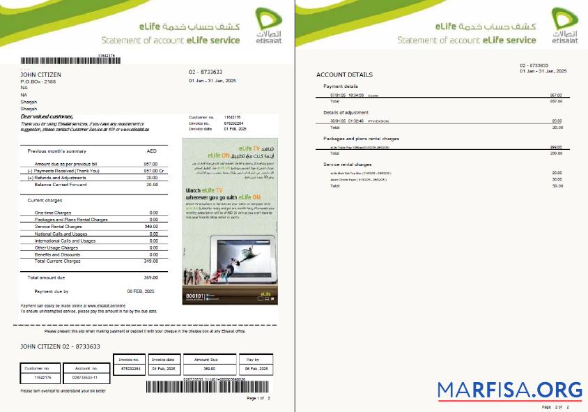 Realistic UAE Etisalat utility bill template in Word and PDF formats, 2 pages, version 2